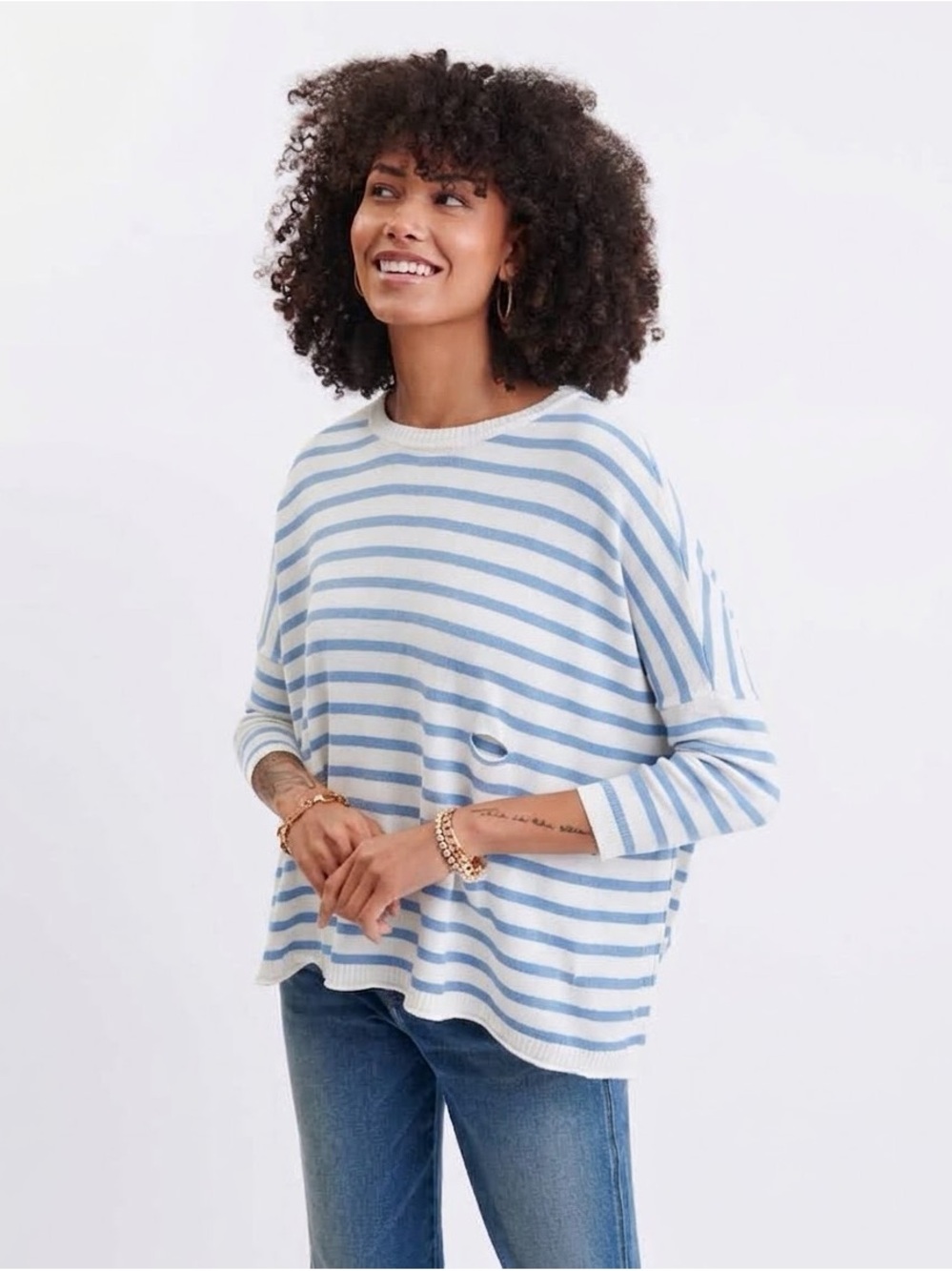 MerSea Catalina Travel Sweater Blue White Striped Boxy Knit OS One Size